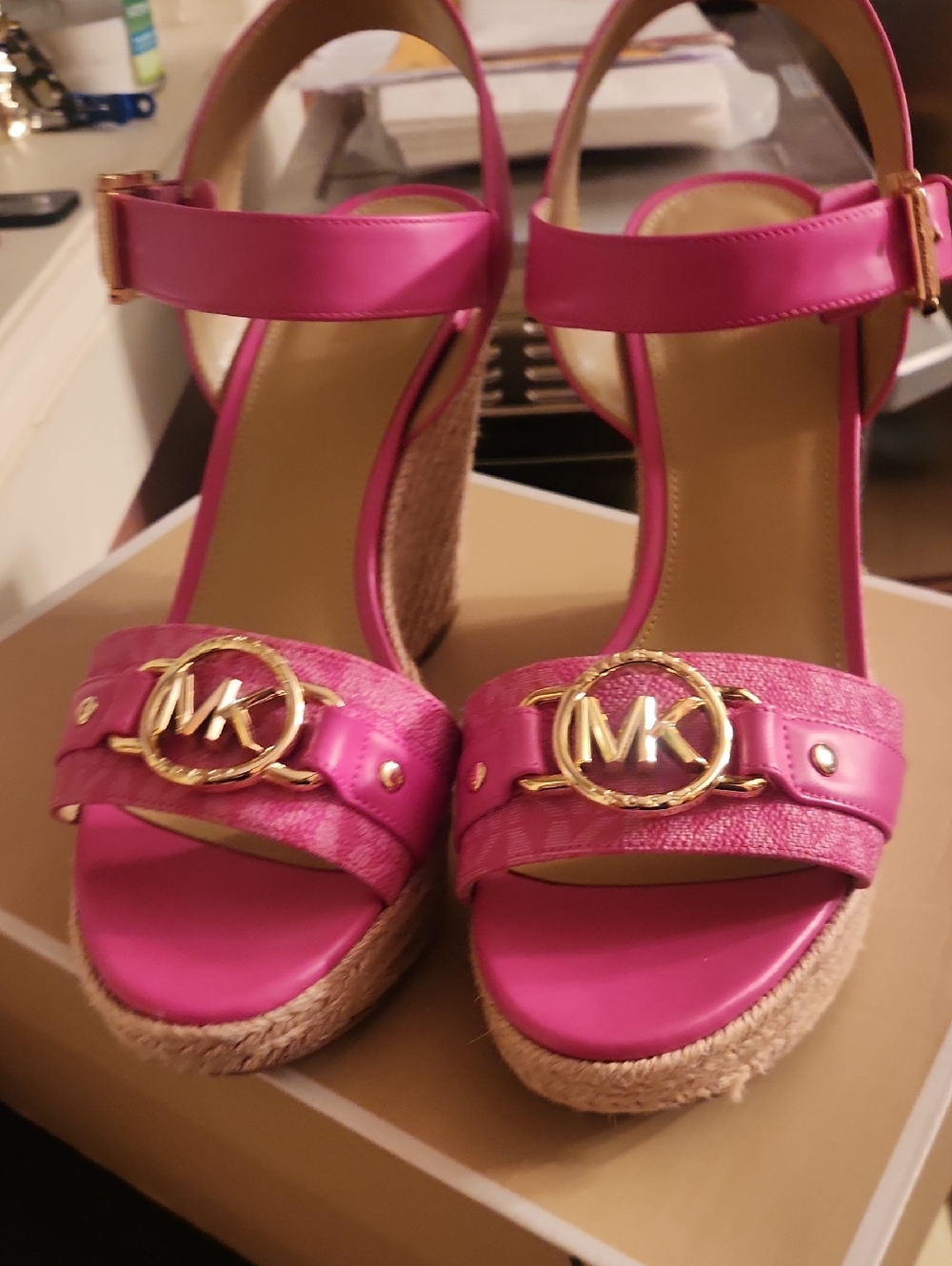 MICHAEL Michael Kors Pink Platform Espadrille Wedge Sandals with Gold MK Logo
